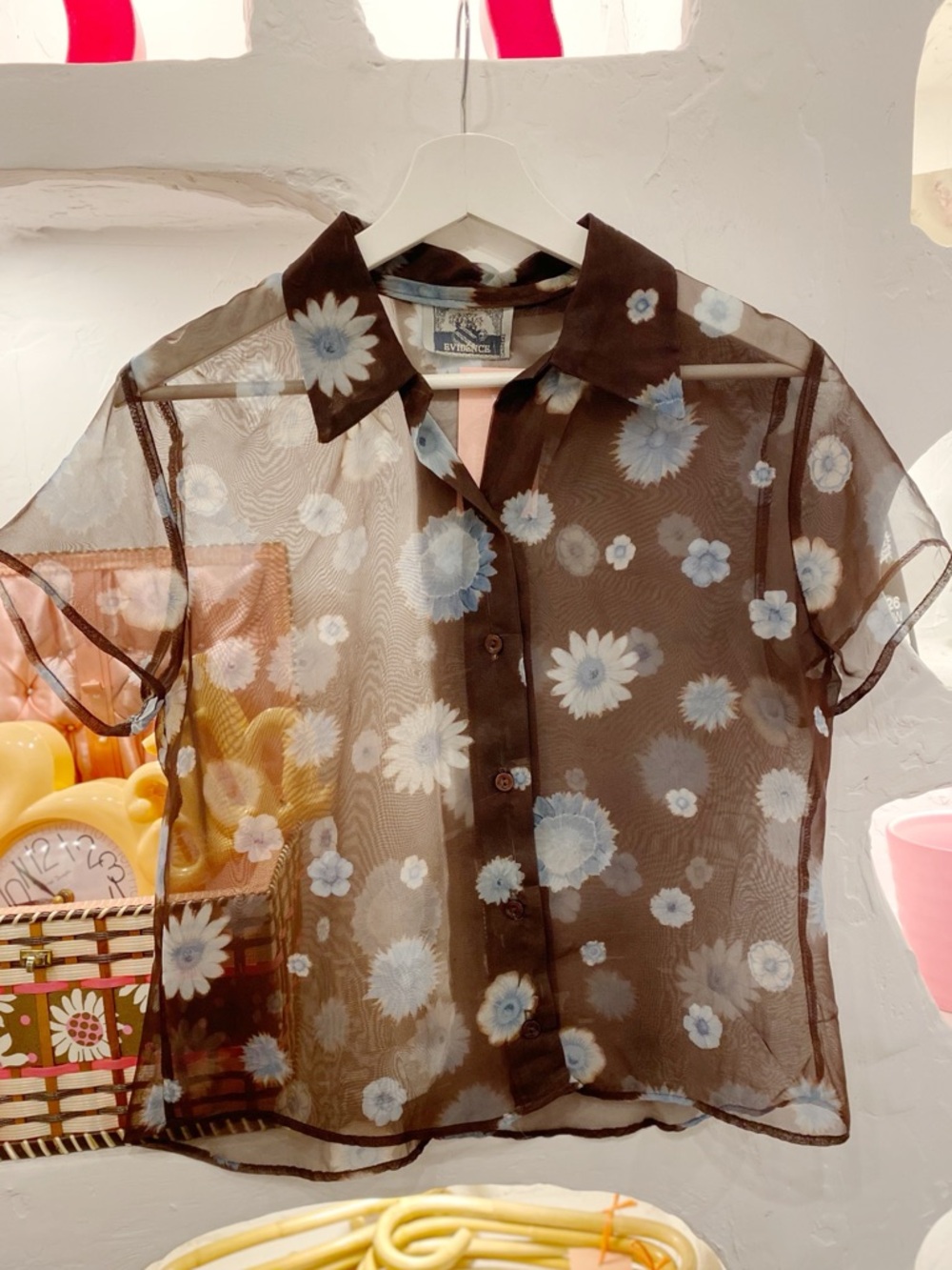 90s Vintage Sheer Brown Mesh Short Sleeve Button Up Shirt with Blue Flowers